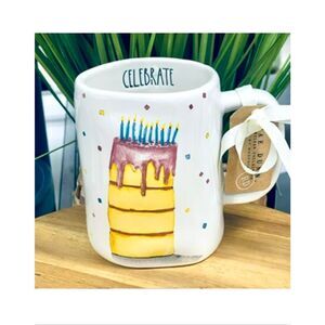 NWT Rae Dunn Gorgeous CELEBRATE White Ceramic Birthday Mug Yellow & Pink Cake